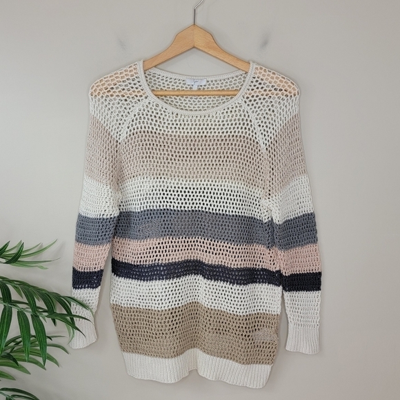 Joie | Tan Gray Pale Pink Cream Stripe Open Knit 100% Cotton Sweater Size Medium - Picture 1 of 4